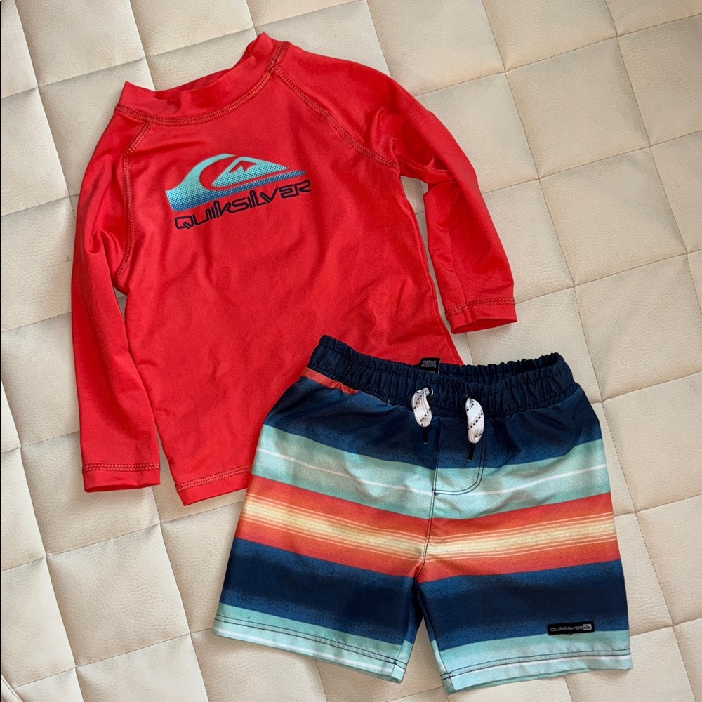 Quiksilver Red Rashguard with Blue & Multicolor Striped Swim Shorts